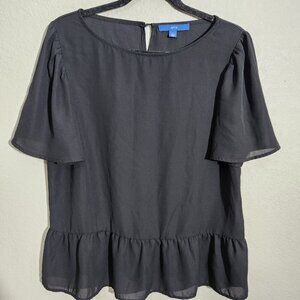 APT 9 Shirt Womens Large Black Short Sleeve Ruffle Hem Blouse Lightweight Top